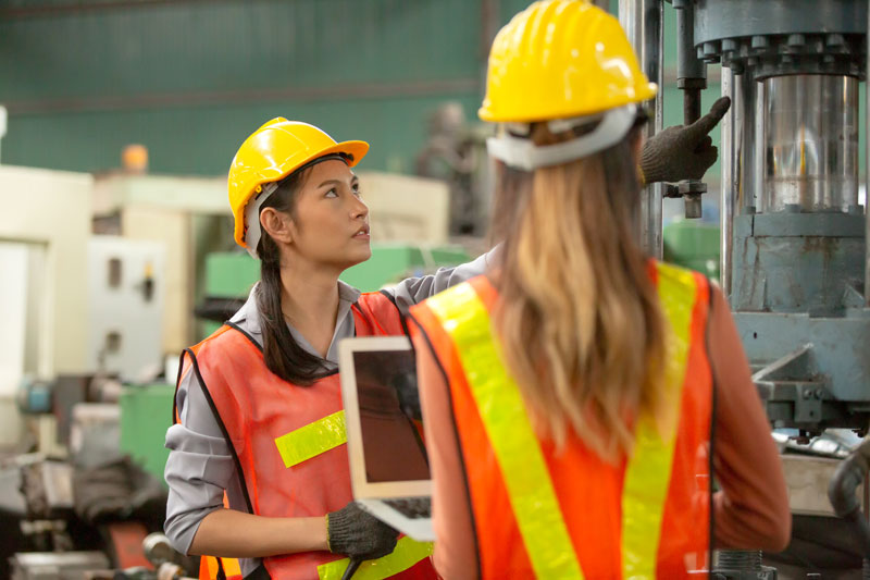 Female manufacturing plant staff researching green manufacturing options