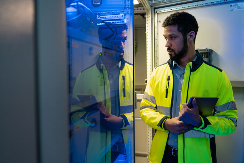 Male worker in high-vis reviewing machine data monitoring metrics